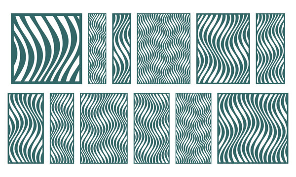 Set of wavy line laser cut panels. Abstract flowing stripe patterns for CNC cutting, decorative screens, wall panels, partitions, wood carving and modern interior design.