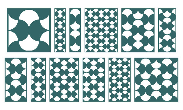 Set of geometric circular laser cut panel patterns. Abstract repeating shapes forming decorative lattice templates for CNC cutting, screens, partitions, wall panels and modern ornament design.