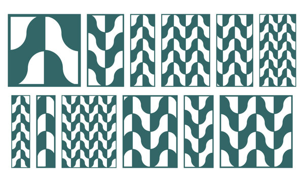 Set of abstract geometric laser cut panels with curved shapes. Decorative vector grille templates for CNC cutting, wood panels, screens, partitions, wall decor and craft projects.