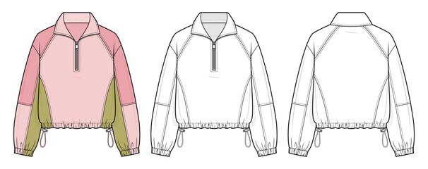 Multi-Panel Windbreaker technical fashion illustration. half-zip pullover vector template illustration. front and back view. vertical side panels. adjustable drawstring hem. unisex. pink CAD mockup. © aiven studio