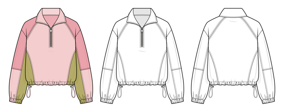 Multi-Panel Windbreaker technical fashion illustration. half-zip pullover vector template illustration. front and back view. vertical side panels. adjustable drawstring hem. unisex. pink CAD mockup.