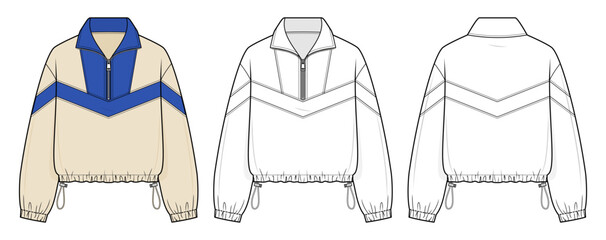 Chevron Windbreaker technical fashion illustration. half-zip pullover vector template illustration. front and back view. adjustable drawstring hem. unisex. beige and blue. CAD mockup. © aiven studio
