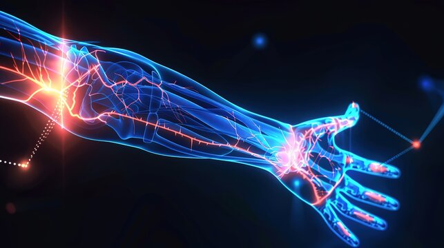 Human Forearm Anatomy with Glowing Blue Muscles and Red Pain Signal Paths from Elbow Inflammation &ndash; Medical Illustration