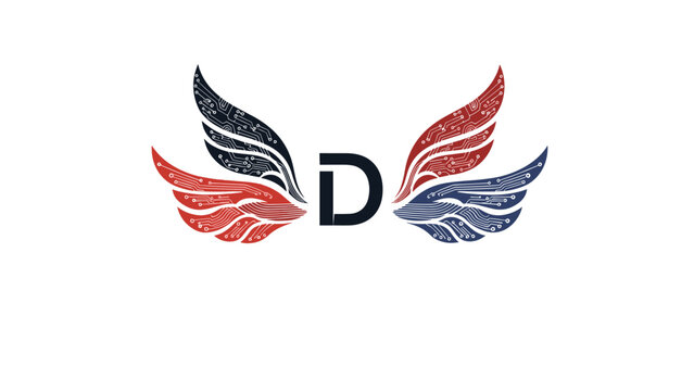 Modern abstract logo design featuring the letter D in the center of stylized red and blue circuit board wing patterns.