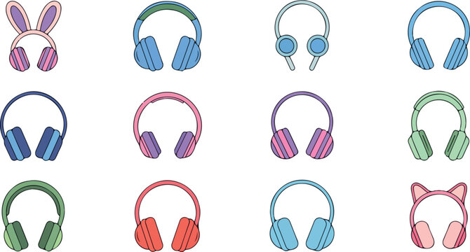 Colorful headphones and wireless earphones vector set with cute cat ear gaming headset and modern music audio accessories illustration