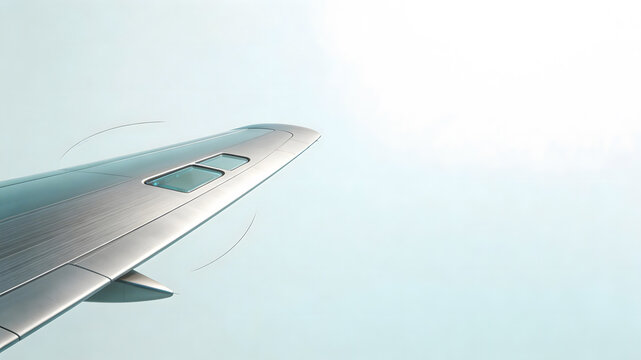Sleek airplane wing gliding above clouds toward bright sunlit sky