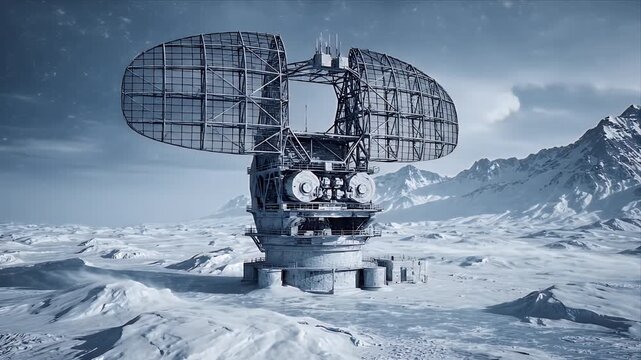 Advanced surveillance radar station in a desolate snowy mountain landscape with clear sky and dramatic lighting science fiction military technology concept