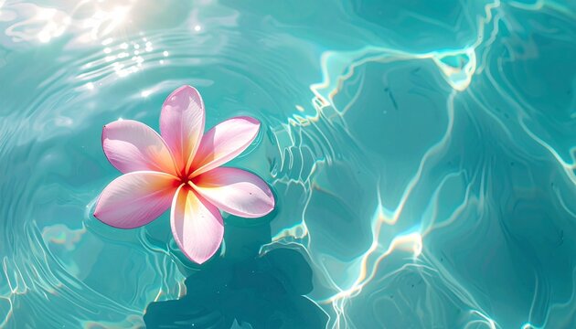 Tranquil plumeria flower floats on turquoise water. Summer vibes