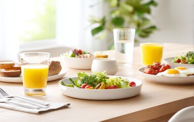 Fresh Vegan Dishes on Minimalist Wood Table for Healthy Eating Experience