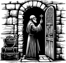 Fototapeta premium Medieval monk holding a mysterious key near an open stone cellar door. Vintage woodcut style black and white engraving with chest and masonry details.