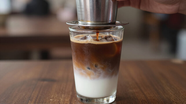 Iced Vietnamese coffee being brewed with phin filter over condensed milk on a wooden table, refreshing drink