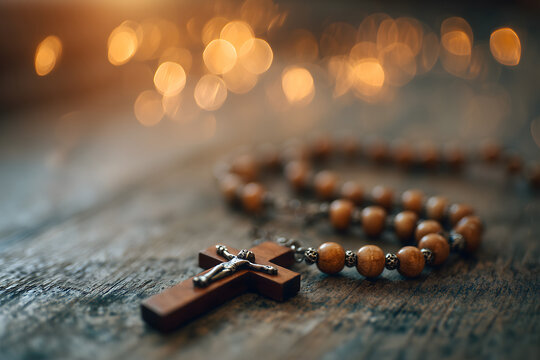 Warm glow surrounds wooden rosary and cross