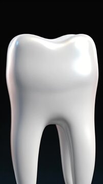 CGI animation detailing a human molar tooth showing enamel dentin and pulp structures within gum tissue with a dark abstract background and soft blue light accents for dental education purposes
