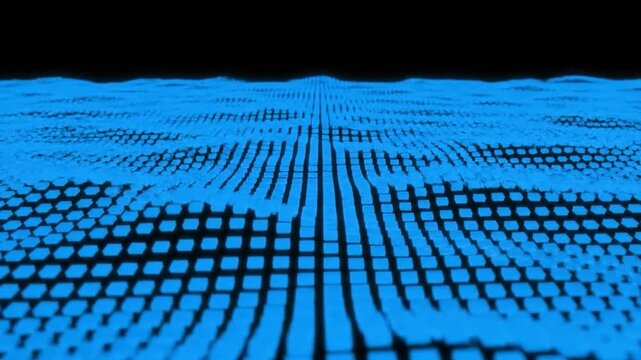 Abstract blue digital grid pattern undulating on a dark background