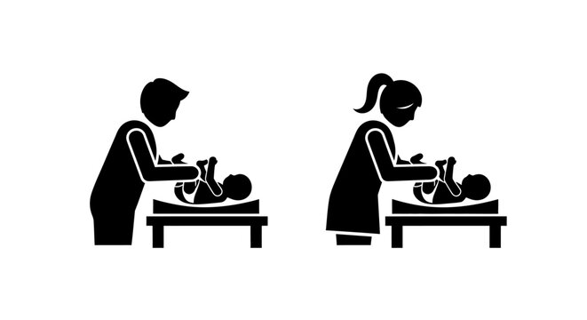 Parent changing diaper on baby at changing table, gender neutral icon style