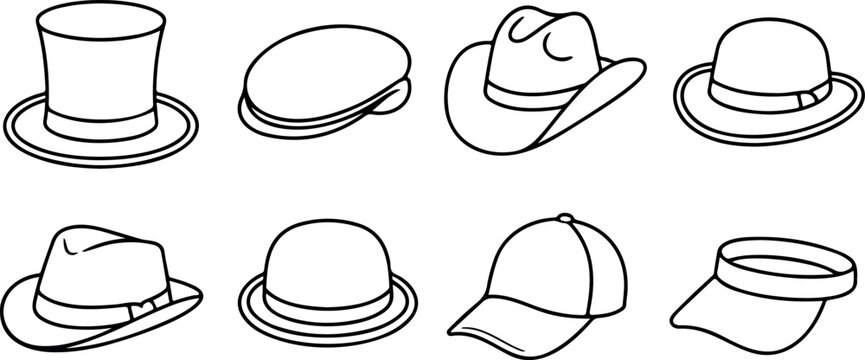Minimal line art hat icons collection with classic headwear styles such as top hat fedora cap visor and fashion accessories