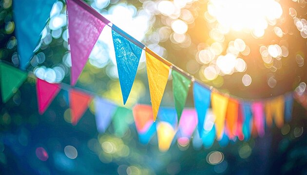 Colorful triangle bunting flags hanging for festival celebration with bokeh background