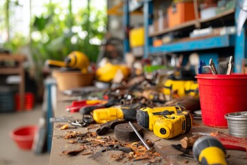 Fototapeta premium Cluttered and Messy Garage Workspace with Tools and Debris Everywhere