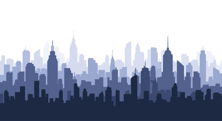 Obraz premium A flat 2D illustration of a city skyline silhouette in shades of blue against a white background.