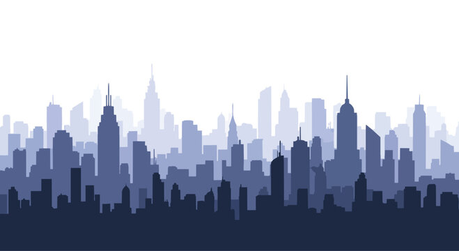 A flat 2D illustration of a city skyline silhouette in shades of blue against a white background.