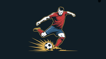 A dynamic illustration depicts a soccer player in mid kick powerfully striking a black and white ball with focused energy and determination high quality professional detailed © Roxxxxxxxxx