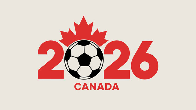 A vibrant graphic showcases the canada 2026 fifa world cup logo prominently featuring a red maple leaf and a soccer ball high quality professional detailed modern