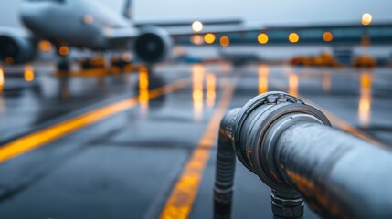 Airport sustainable aviation fuel system fueling infrastructure positioned along a wide aircraft apron service lane featuring stainless steel hydrant valves and automated fuel monitoring equipment.