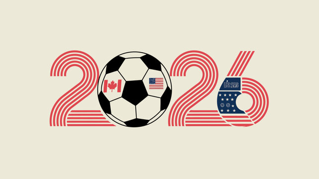 A graphic illustration showcases the year 2026 incorporating a soccer ball adorned with the flags of the united states canada and mexico high quality professional detailed