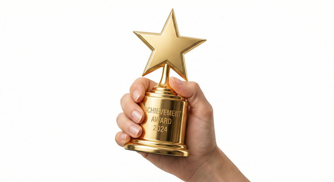 A person's hand holding a golden star-shaped "ACHIEVEMENT AWARD 2024" trophy against a white background, symbolizing victory, success, and professional recognition for excellence