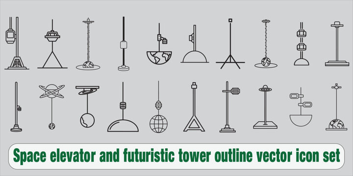 Space elevator and futuristic tower outline vector icon set