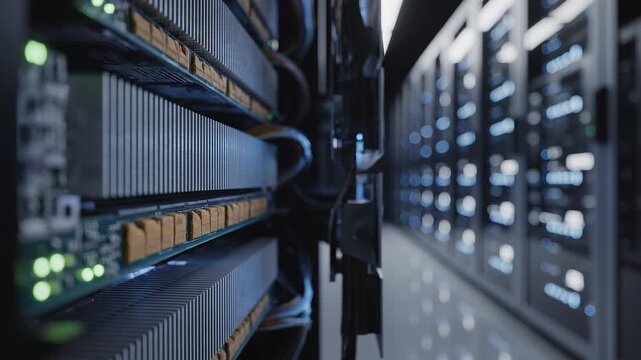 Cinematic videography inside a server room showcasing technology and data storage