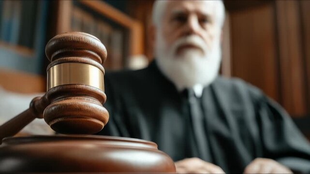 Wooden gavel on a sound block, a profound symbol of justice, ensuring fairness in legal proceedings, a solemn judge supervising the court, upholding societal order