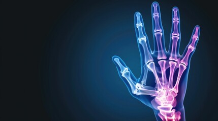 Naklejka premium Human Hand Anatomy in X-ray View Demonstrating Bone Structure with Color Highlights for Medical and Educational Use