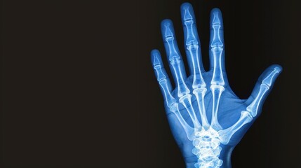 Obraz premium X-Ray Image of Human Hand Showing Bones and Joints Clearly on Dark Background