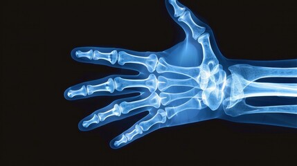 Naklejka premium Detailed X-Ray Image of a Human Hand Showing Bones and Joints in High Resolution Against a Black Background