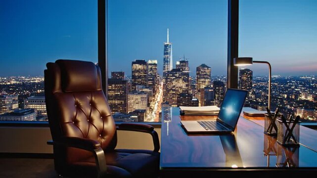 Evening view of a luxurious office overlooking a sparkling city skyline with a comfortable leather executive chair