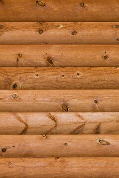 Close-up of natural wood texture and knots in a log cabin wall, highlighting rustic grain and construction details.