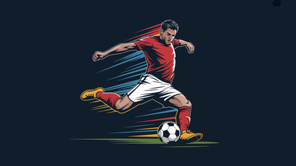 A dynamic illustration depicts a soccer player in mid stride kicking a ball with intense focus and energy set against a dark backdrop high quality professional