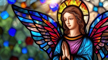 Obraz premium Serene Angelic Figure in Colorful Stained Glass Window with Bright Sunlight Streaming Through Design