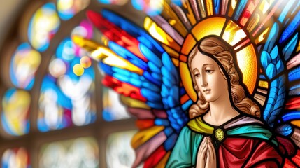 Obraz premium Colorful Stained Glass Angel with Vibrant Wings and Praying Gesture in Church Interior