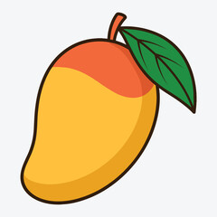 Vibrant cartoon mango with green leaf isolated on white background