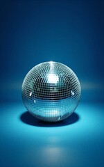 Obraz premium Shiny disco ball rests on curved blue surface reflecting light in a