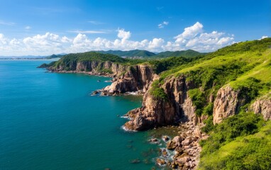 Aerial View of Coastal Cliffs and Clear Waters in Vietnam's Scenic Landscape