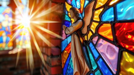 Stunning Angel Sculpture Beside Colorful Stained Glass Window with Radiant Sunlight Streaming Through