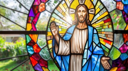 Fototapeta premium Stained Glass Window Depicting Jesus Christ with Colorful Light Shining Through in an Architectural Setting