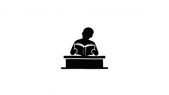 Minimalist Silhouette of a Student Reading a Book at a Desk Isolated on White Background for Education Concept