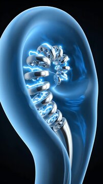 CGI Visualization of Cochlear Implant Electrode Array Placement Within the Inner Ear Cochlea With Blue Neural Activity And Abstract Medical Background