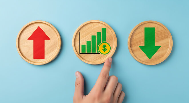 A hand interacting with wooden coins featuring up and down arrows and a graph with a dollar sign
