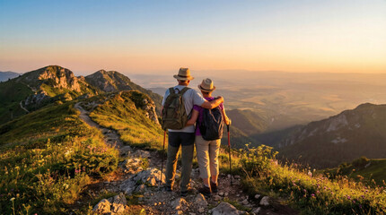 Fototapeta premium Wide shot of an active healthy senior couple hiking on a beautiful mountain trail during golden hour