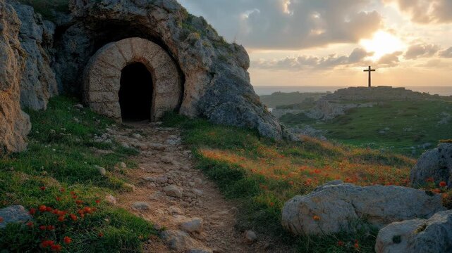 Holy Saturday's silent vigil, featuring an ancient rock hewn tomb entrance and a winding path leading to a distant cross under a dramatic sky, symbolizing spiritual hope